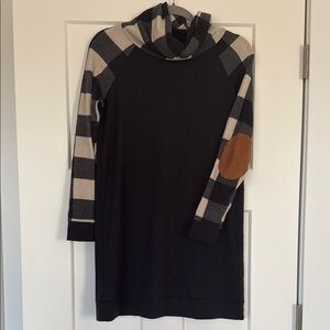 Plaid Sleeve Black Dress with Elbow Patch - Maternity